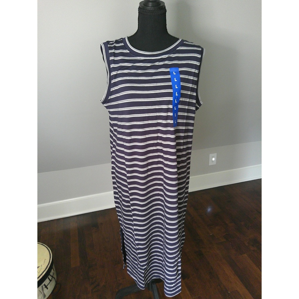 Hilary Radley Midi Dress Womens Large Navy Blue NWT Striped Sleeveless Tank Slit - Picture 2 of 4